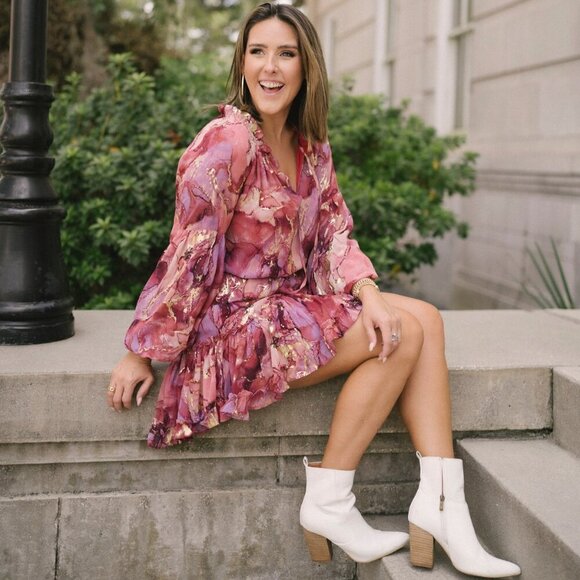 Buddy Love Dresses & Skirts - Buddy Love Zozo Dress Pink/Gold Size MEDIUM Long Sleeve Mini Ruffle